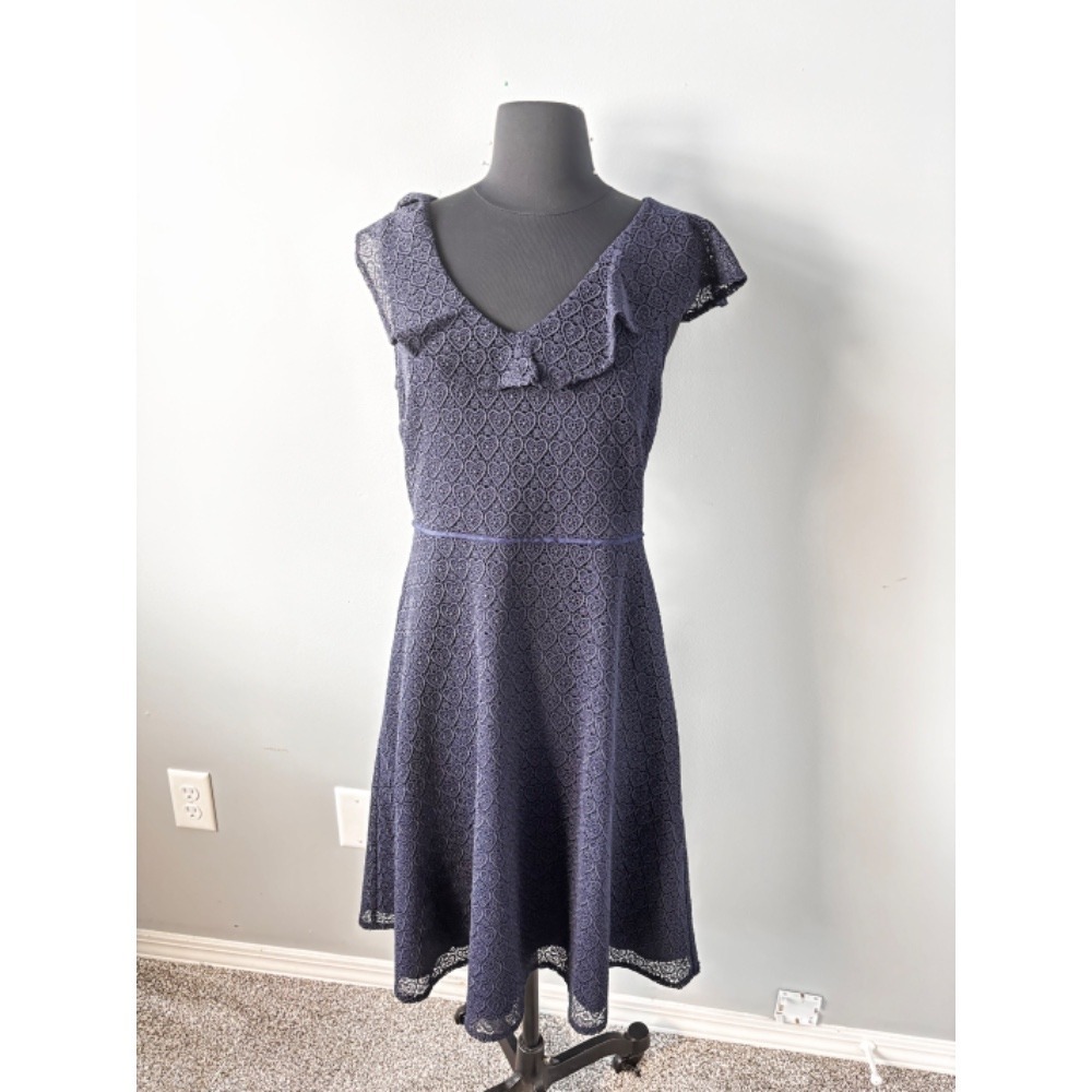 Draper James heart‎ lace flounce shoulder navy blue Fit & Flare Dress Ruffle NWT